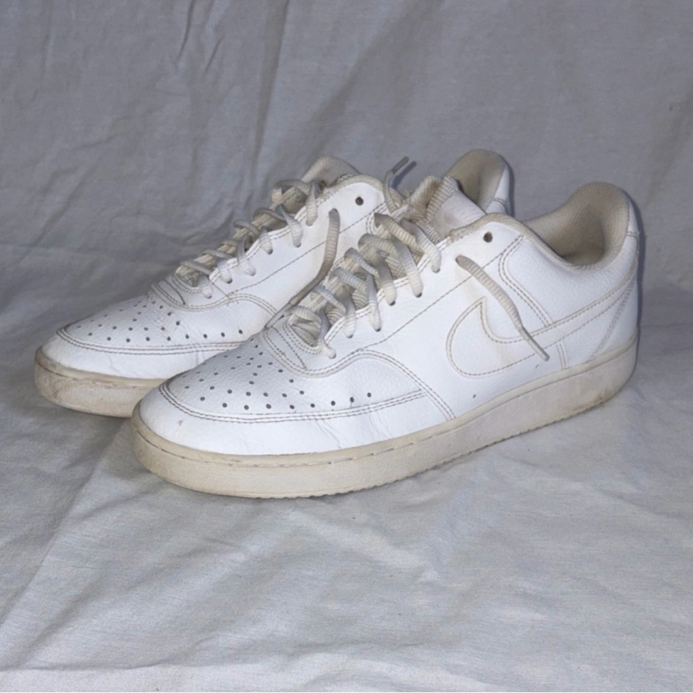 Nike Court Vision Low Triple White Leather Lace Up Athletic Sneaker CD5434-100